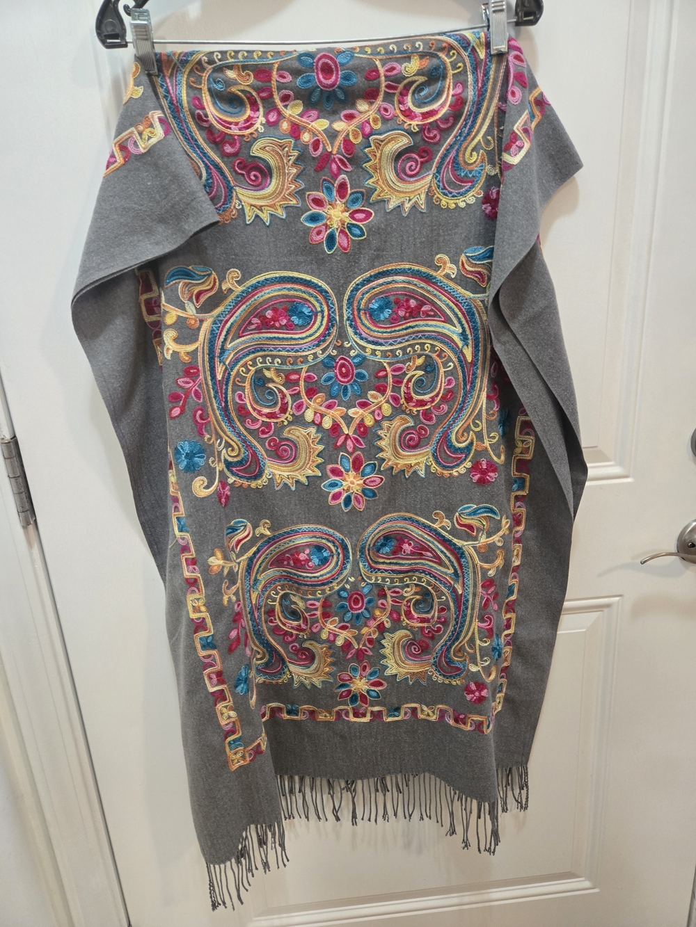 Gray Embroidered Paisley Fringe Shawl - Vibrant Multicolor